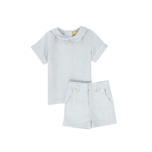 LE BOURDON BLUE LINEN PIPED COLLAR SET