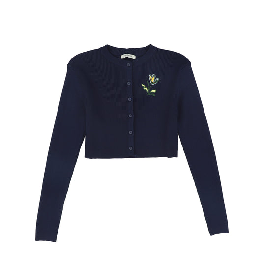 VALENTINA NAVY RIBBED KNIT EMBROIDERED CARDIGAN