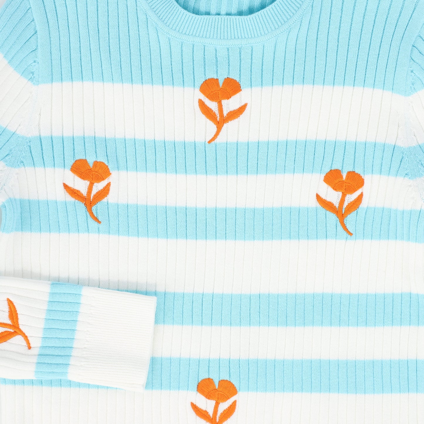 VALENTINA TEAL FLOWER EMBROIDERED STRIPE SWEATER