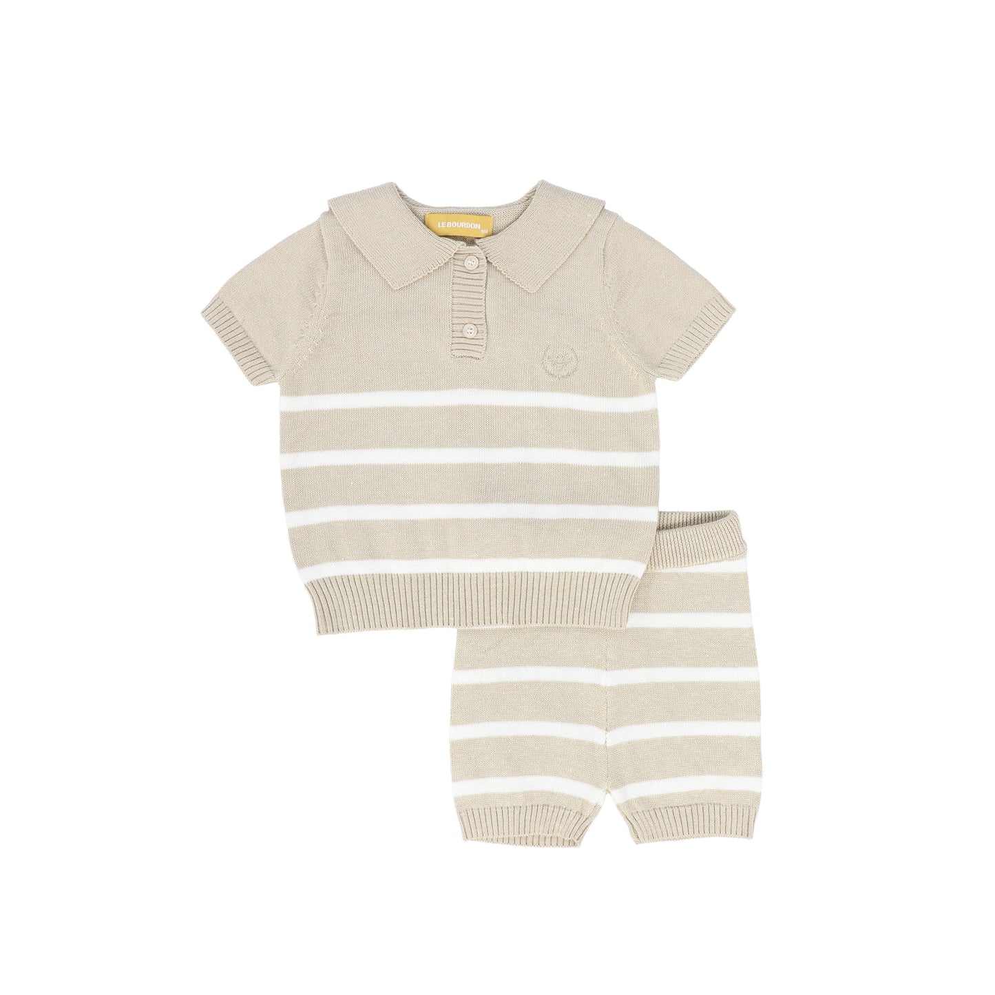 LE BOURDON TAN STRIPE TRIM KNIT SHORTS SET