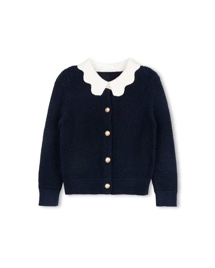 TUSTELLO NAVY POINTELLE SCALLOP COLLAR CARDIGAN