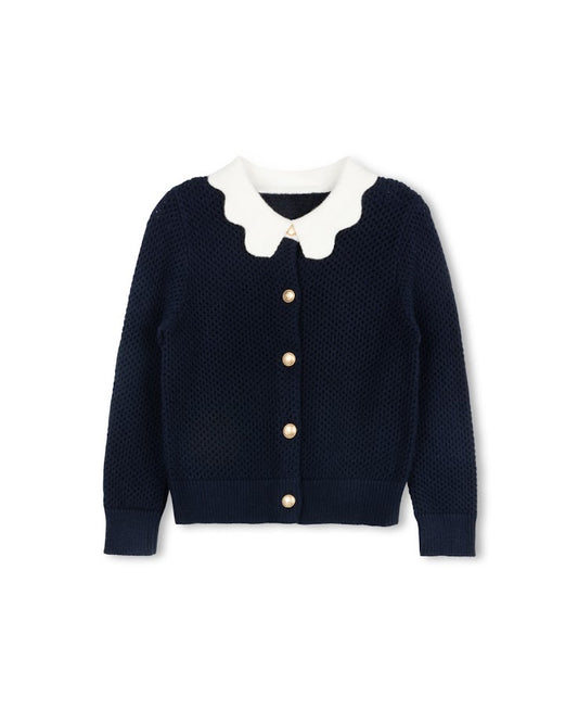 TUSTELLO NAVY POINTELLE SCALLOP COLLAR CARDIGAN