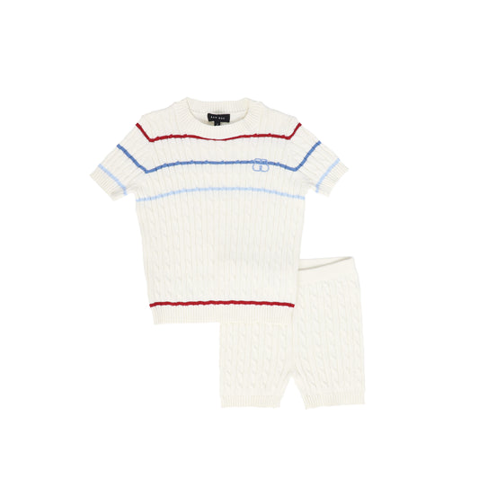 BAMBOO IVORY STRIPED CABLE KNIT SWEATER SET