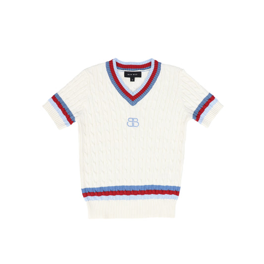 BAMBOO IVORY CABLE KNIT V NECK TRIM SS SWEATER