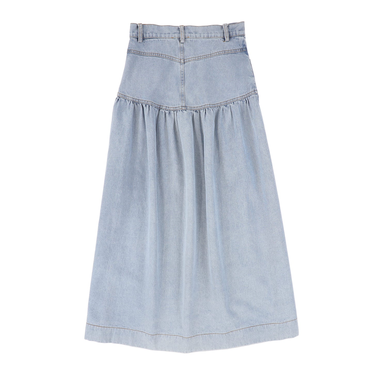 BAMBOO BLUE WASH DENIM DROP WAIST FRILL MAXI SKIRT