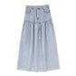 BAMBOO BLUE WASH DENIM DROP WAIST FRILL MAXI SKIRT