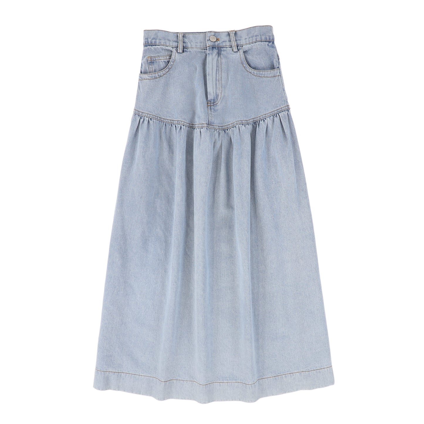 BAMBOO BLUE WASH DENIM DROP WAIST FRILL MAXI SKIRT