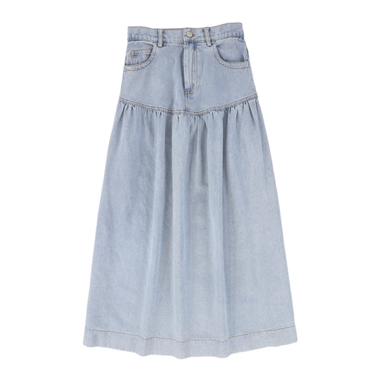 BAMBOO BLUE WASH DENIM DROP WAIST FRILL MAXI SKIRT