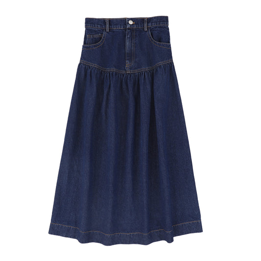 BAMBOO DARK DENIM DROP WAIST FRILL MAXI SKIRT