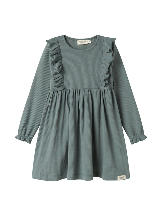 MARMAR COPENHAGEN DUSTY GREEN RIBBED RUFFLE TRIM DRESS