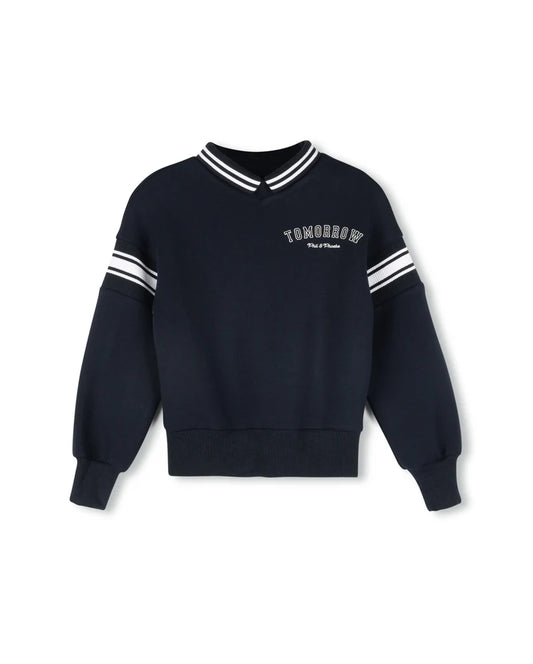 PHIL AND PHOEBE NAVY VARSITY WORDED COLLARED SWEATSHIRT