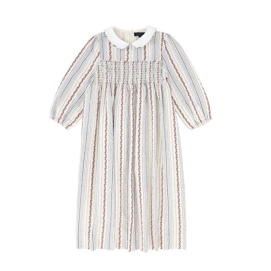 BAMBOO IVORY FLORAL STRIPE SMOCKED DRESS