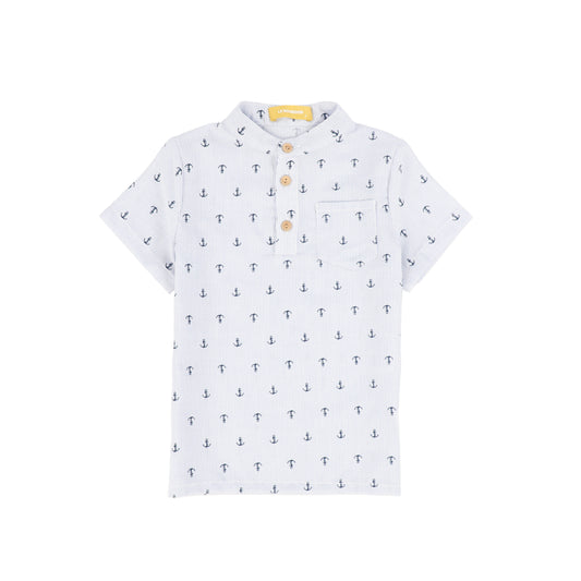 LE BOURDON BLUE ANCHOR PRINT SEERSUCKER SHIRT