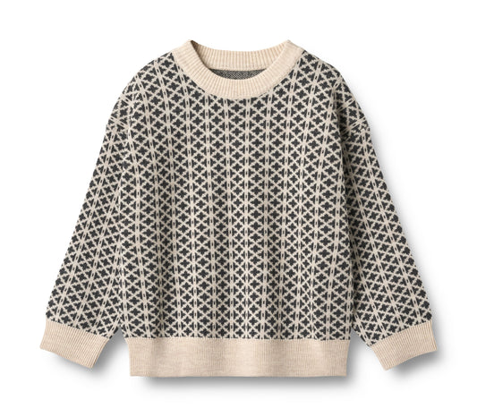 WHEAT NAVY DESIGN KNIT SWEATER