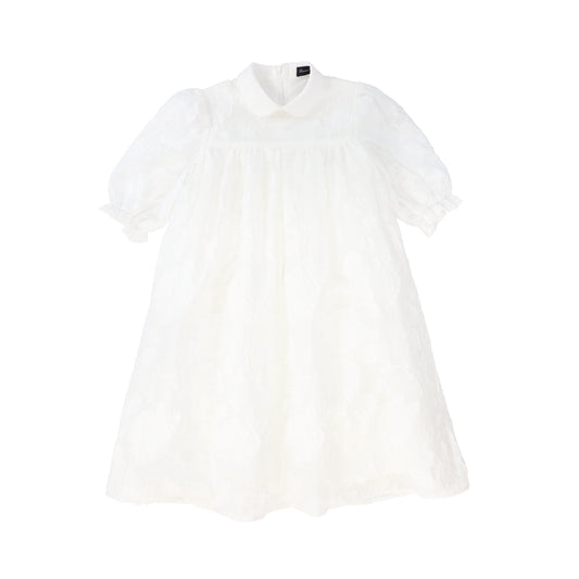 FRANCESCA GUILIANO IVORY FLOWER TEXTURED ORGANZA PUFF SLEEVE DRESS