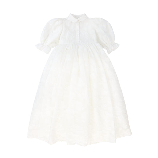 FRANCESCA GUILIANO IVORY FLOWER TEXTURED ORGANZA PUFF SLEEVE GOWN