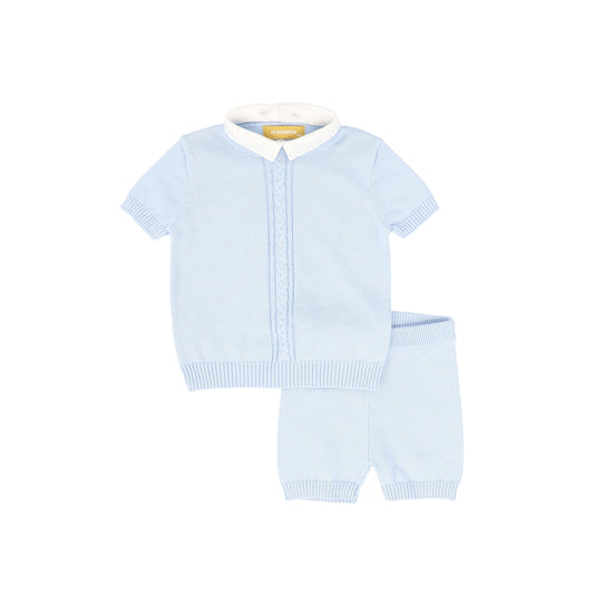 LE BOURDON BLUE KNIT CABLE STRIPE COLLAR SWEATER SET