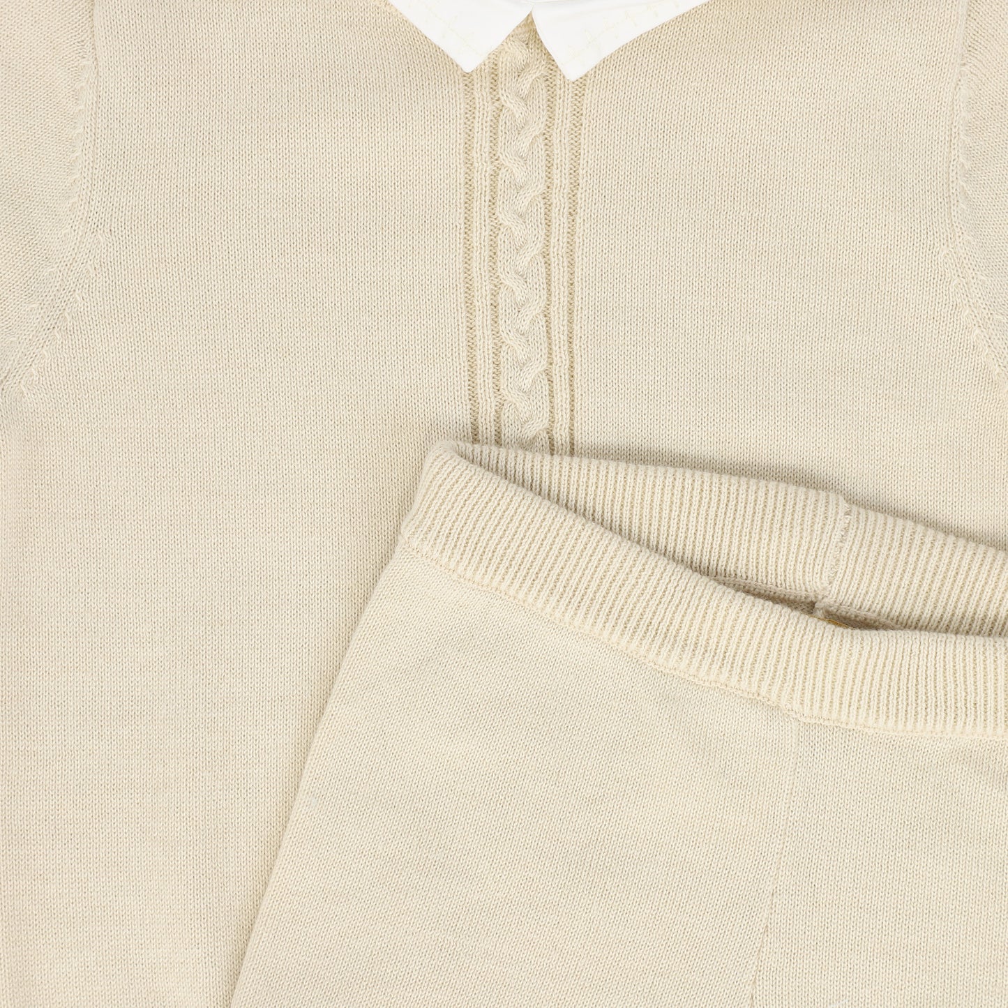 LE BOURDON BEIGE KNIT CABLE STRIPE COLLAR SWEATER SET