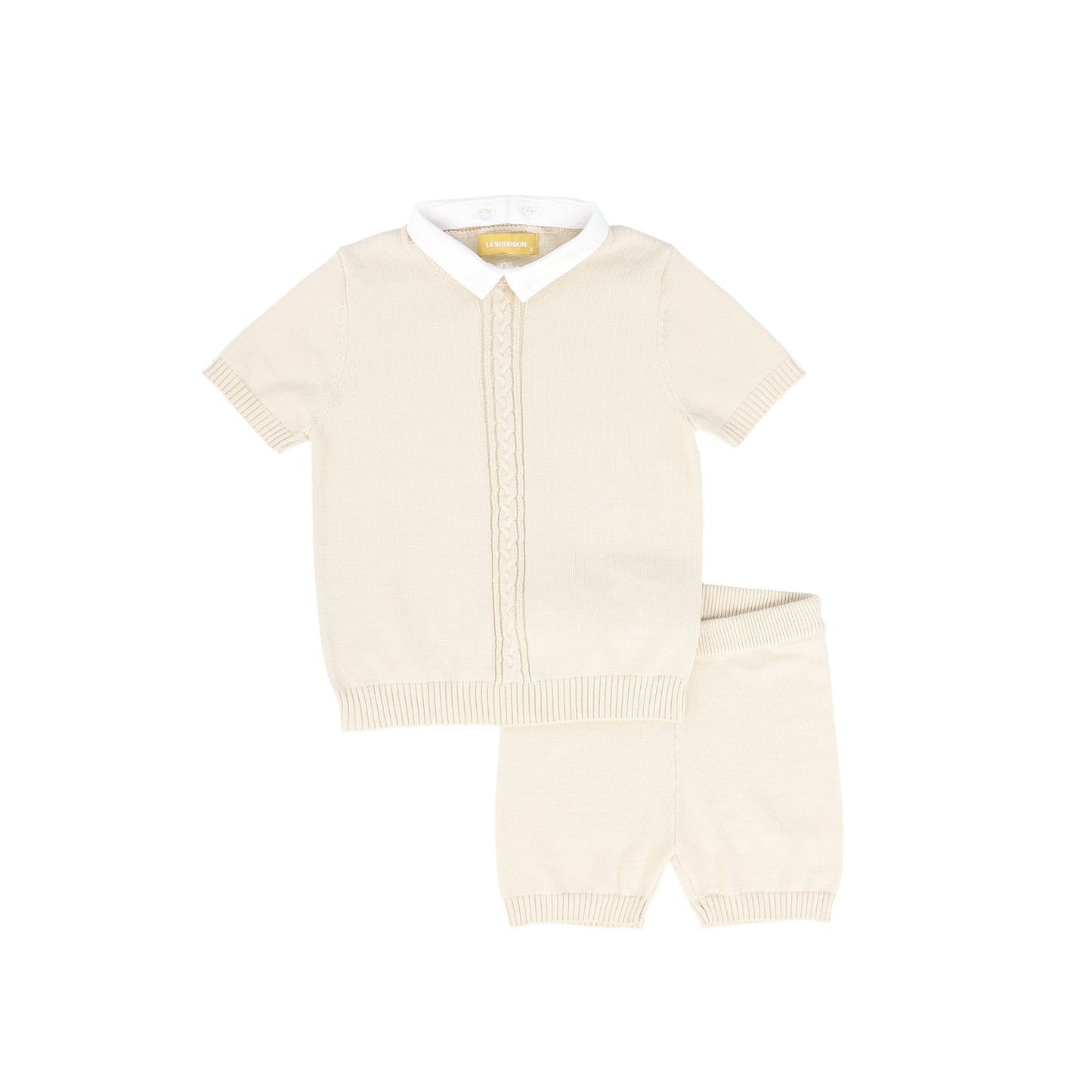 LE BOURDON BEIGE KNIT CABLE STRIPE COLLAR SWEATER SET