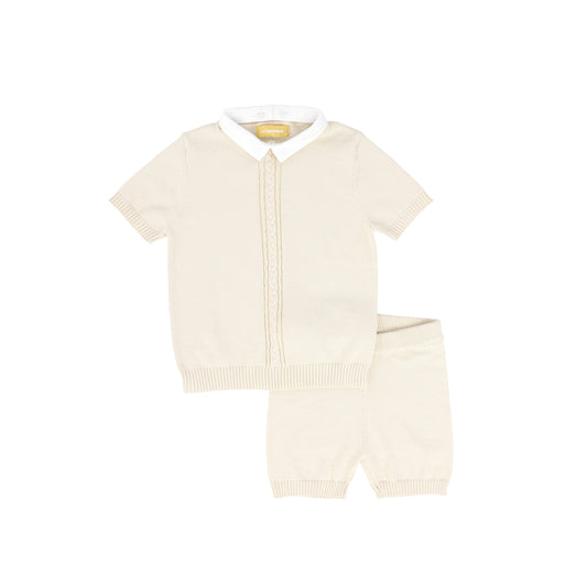 LE BOURDON BEIGE KNIT CABLE STRIPE COLLAR SWEATER SET