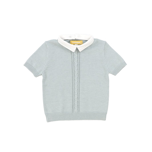 LE BOURDON GREEN KNIT CABLE STRIPE COLLAR SWEATER