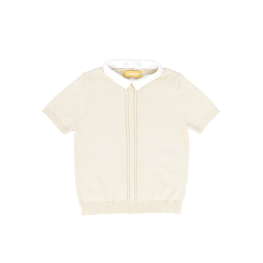 LE BOURDON BEIGE KNIT CABLE STRIPE COLLAR SWEATER