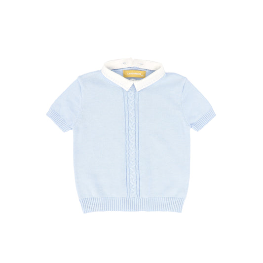 LE BOURDON BLUE KNIT CABLE STRIPE COLLAR SWEATER