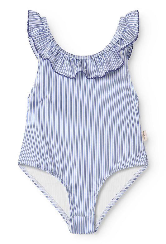 MARMAR COPENHAGEN BLUE THIN STRIPE RUFFLE SWIMSUIT
