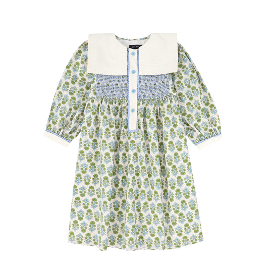 BAMBOO GREEN/BLUE FLOWER PRINT SMOCK LACE TRIM DRESS