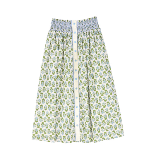 BAMBOO GREEN/BLUE FLOWER PRINT SMOCK SKIRT
