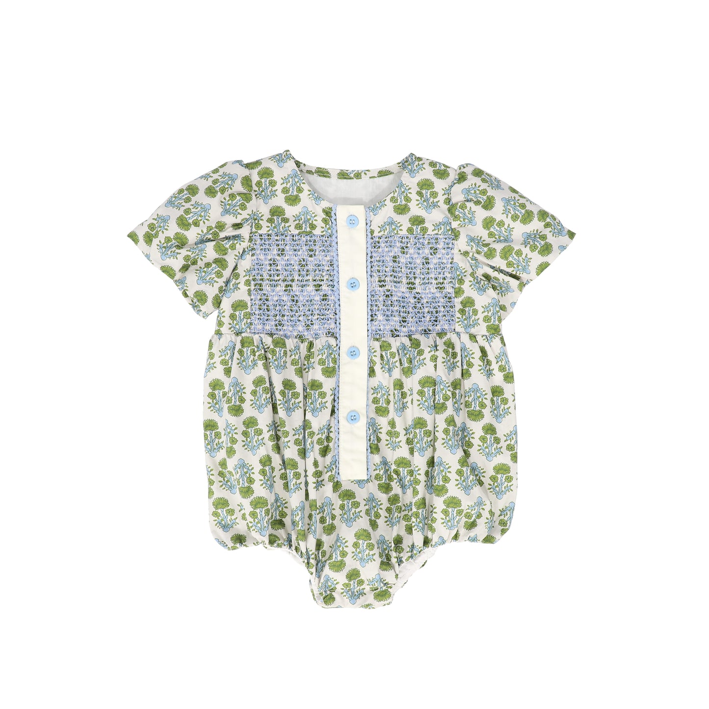 BAMBOO GREEN/BLUE FLOWER PRINT SMOCK ROMPER