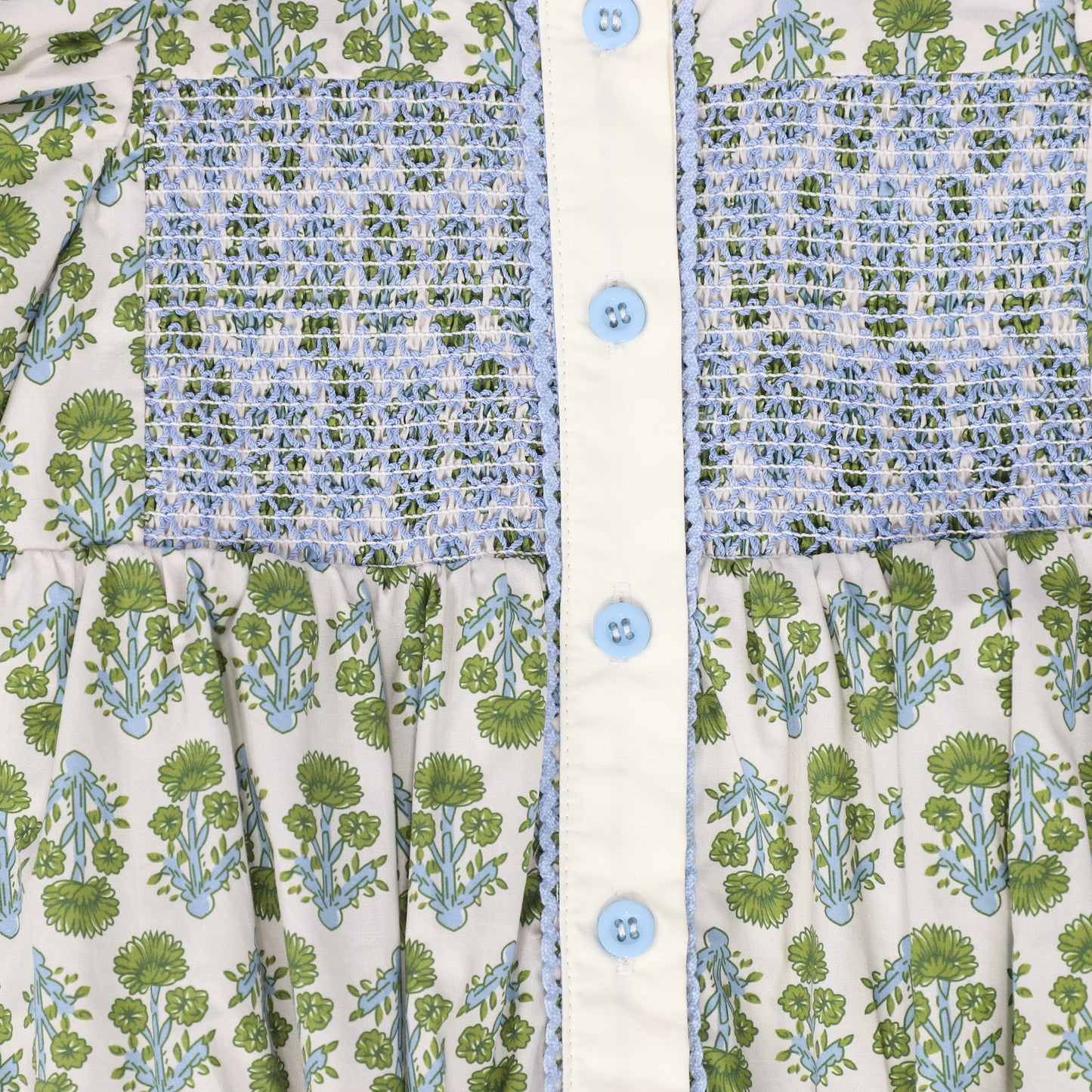 BAMBOO GREEN/BLUE FLOWER PRINT SMOCK ROMPER