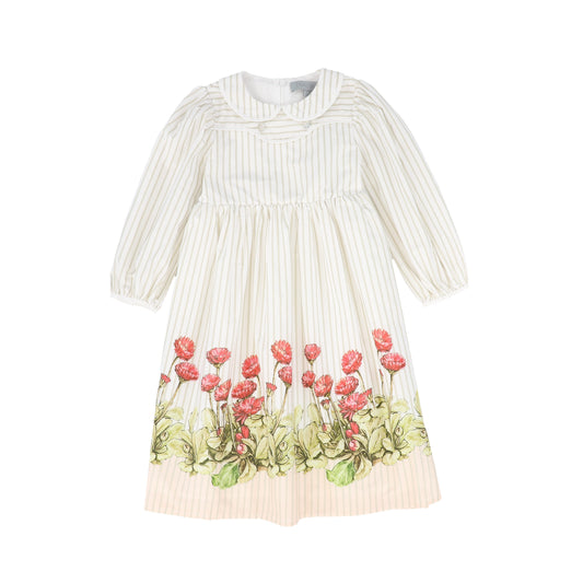 BACE COLLECTION WHITE/TAN STRIPE FLORAL 3/4 SLEEVE DRESS