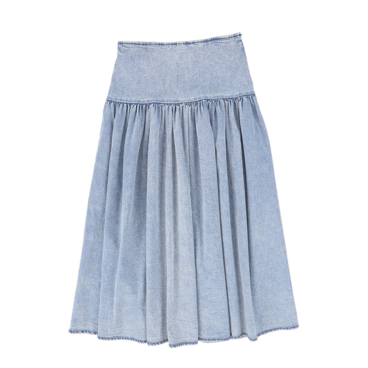 VALENTINA LIGHT BLUE DENIM DROP WAIST PLEAT MAXI SKIRT