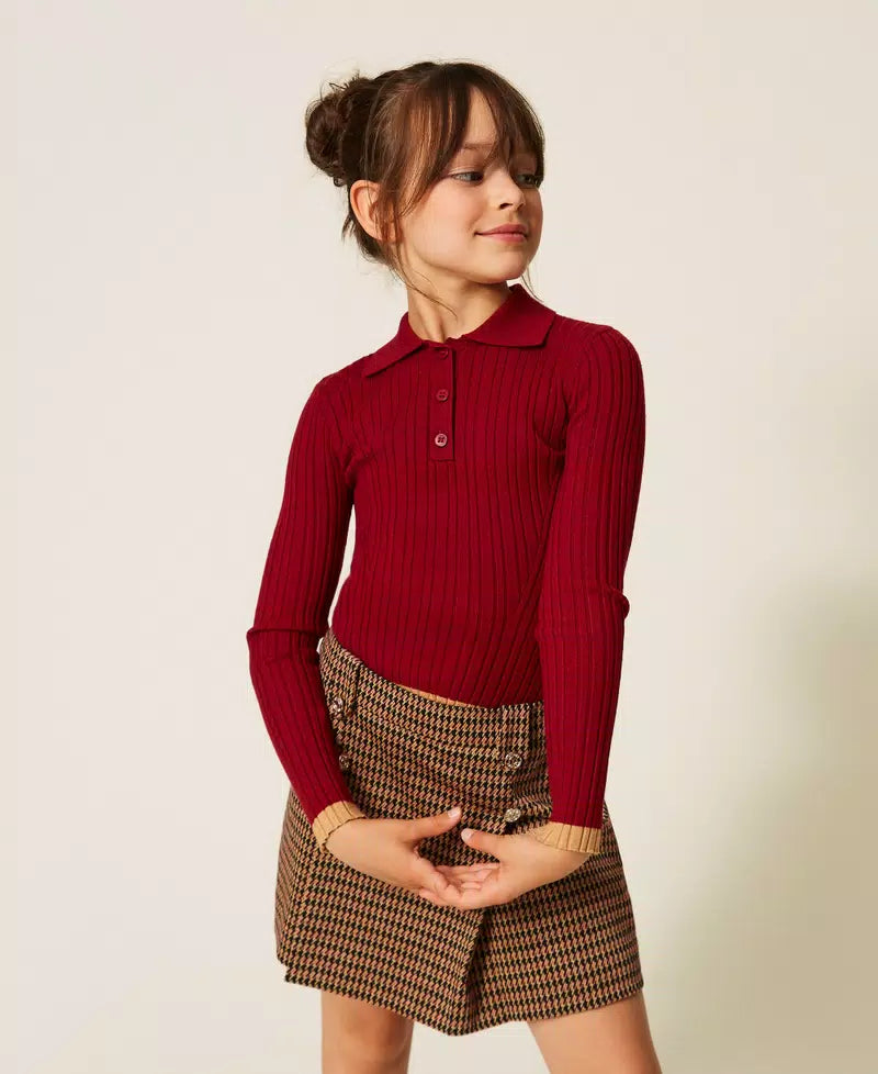 TWINSET CHESTNUT HOUNDSTOOTH BUTTON TAB MIDI SKIRT