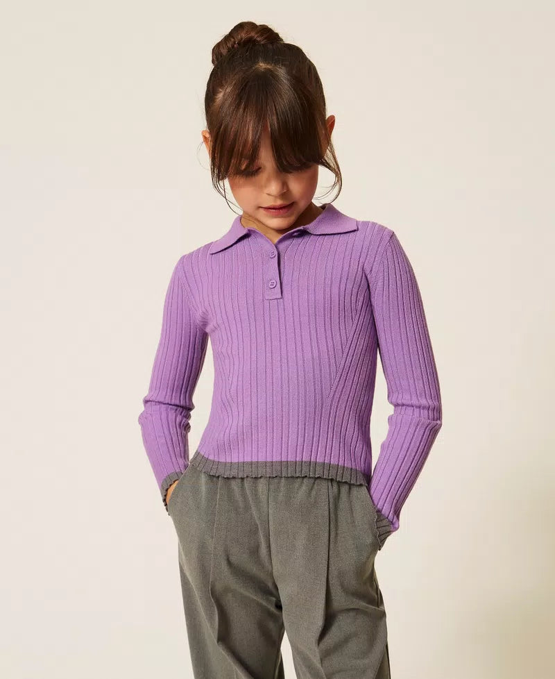 TWINSET PERIWINKLE/GREY TRIM RIBBED KNIT POLO