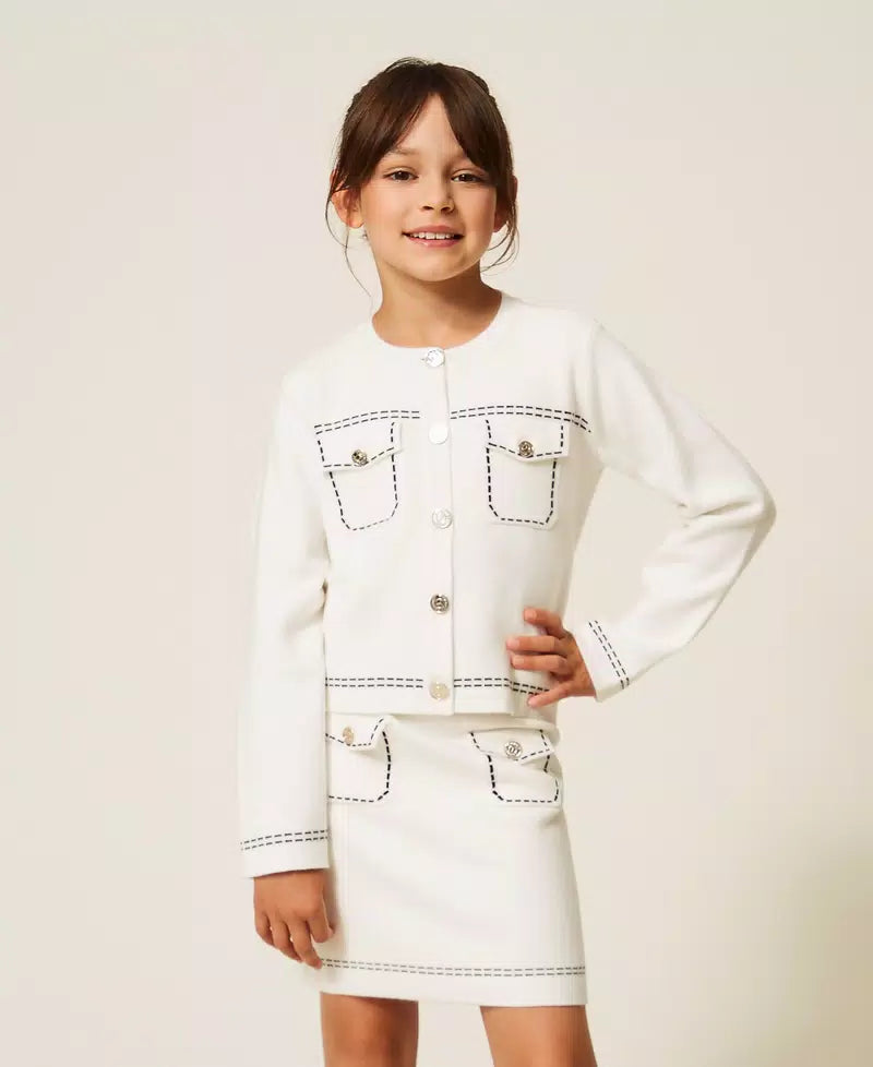 TWINSET SNOW WHITE/BLACK STITCH DETAIL KNIT CARDIGAN