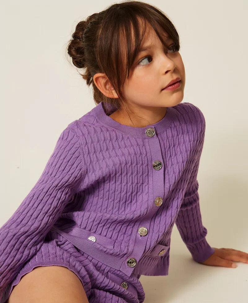 TWINSET PERIWINKLE CABLE KNIT CROPPED BUTTON CARDIGAN