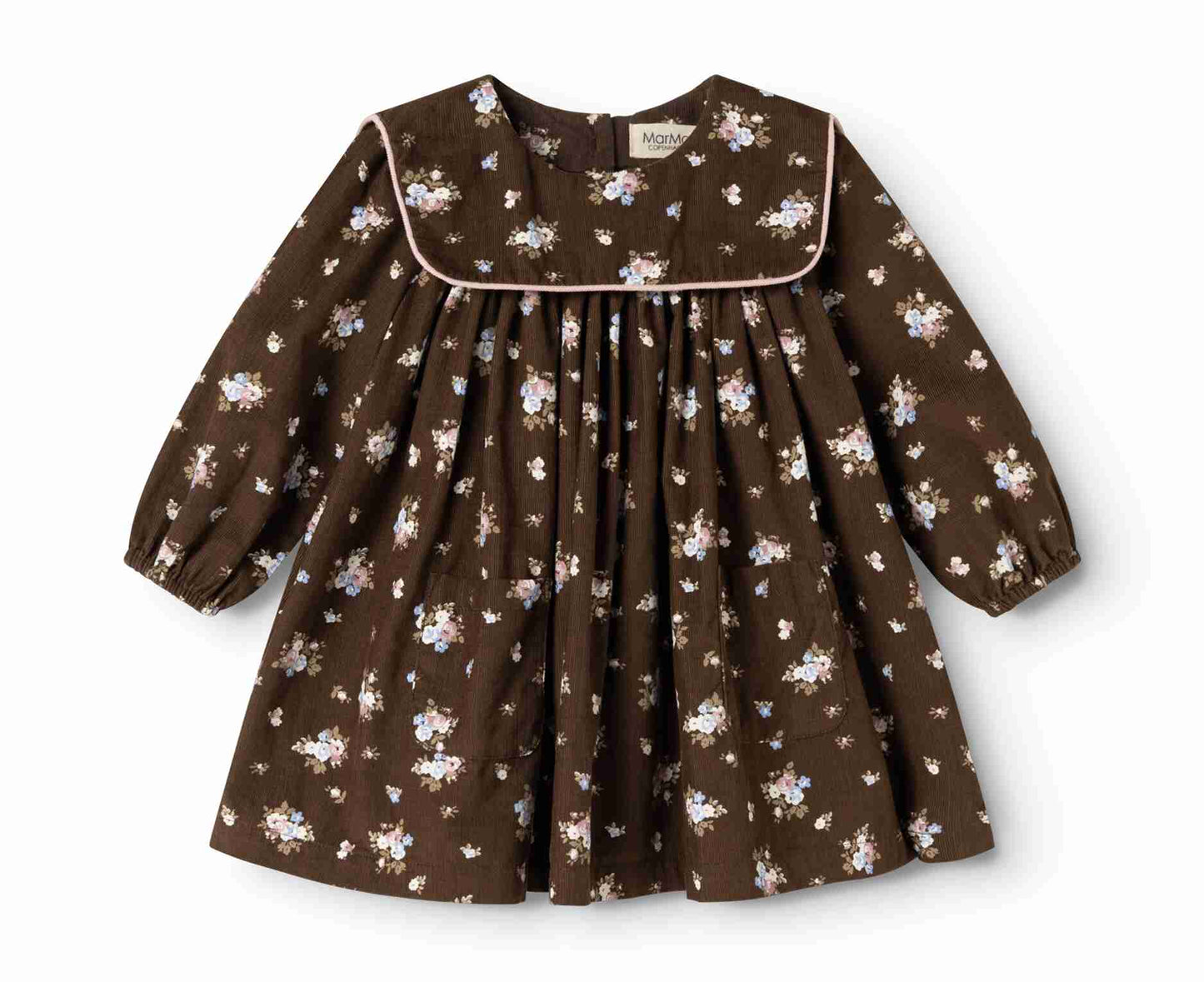 MARMAR COPENHAGEN BROWN FLORAL PIPE TRIM BIB OVERLAY DRESS