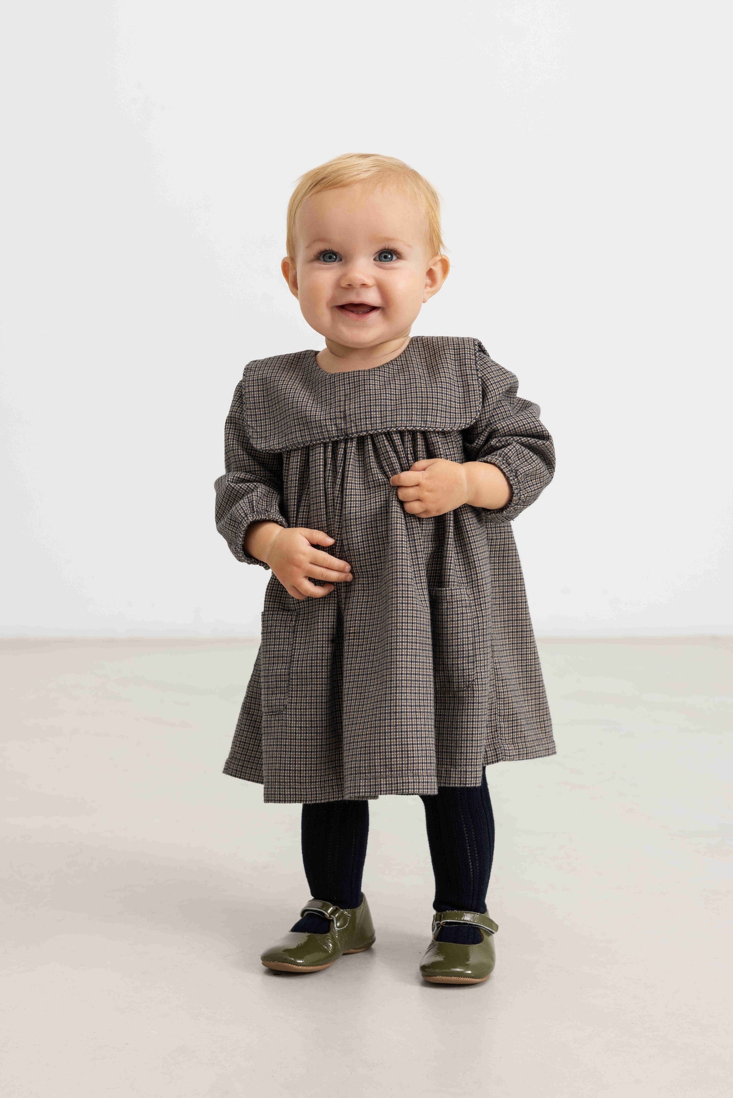 MARMAR COPENHAGEN TAUPE HOUNDSTOOTH BIB OVERLAY DRESS