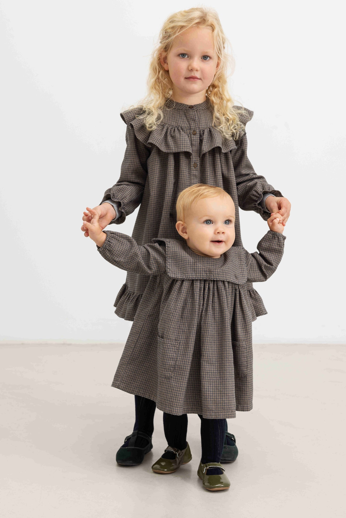 MARMAR COPENHAGEN TAUPE HOUNDSTOOTH RUFFLE TRIM DRESS