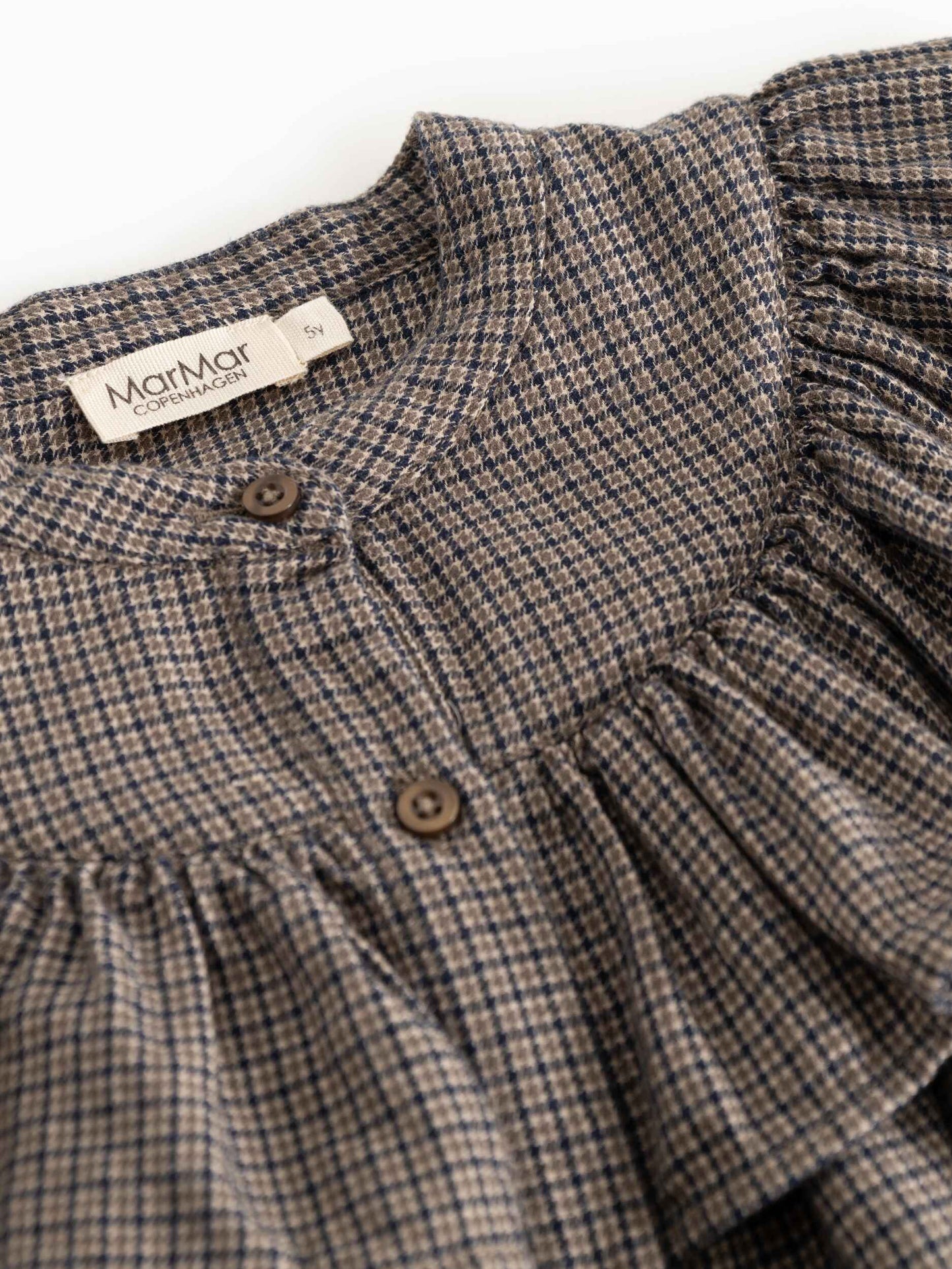 MARMAR COPENHAGEN TAUPE HOUNDSTOOTH RUFFLE TRIM DRESS