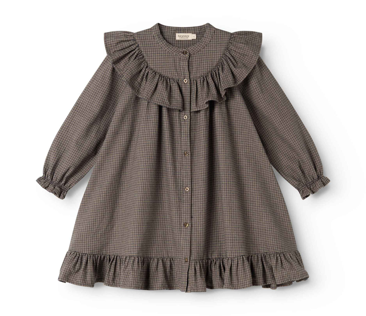 MARMAR COPENHAGEN TAUPE HOUNDSTOOTH RUFFLE TRIM DRESS
