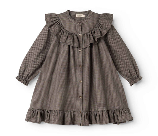 MARMAR COPENHAGEN TAUPE HOUNDSTOOTH RUFFLE TRIM DRESS