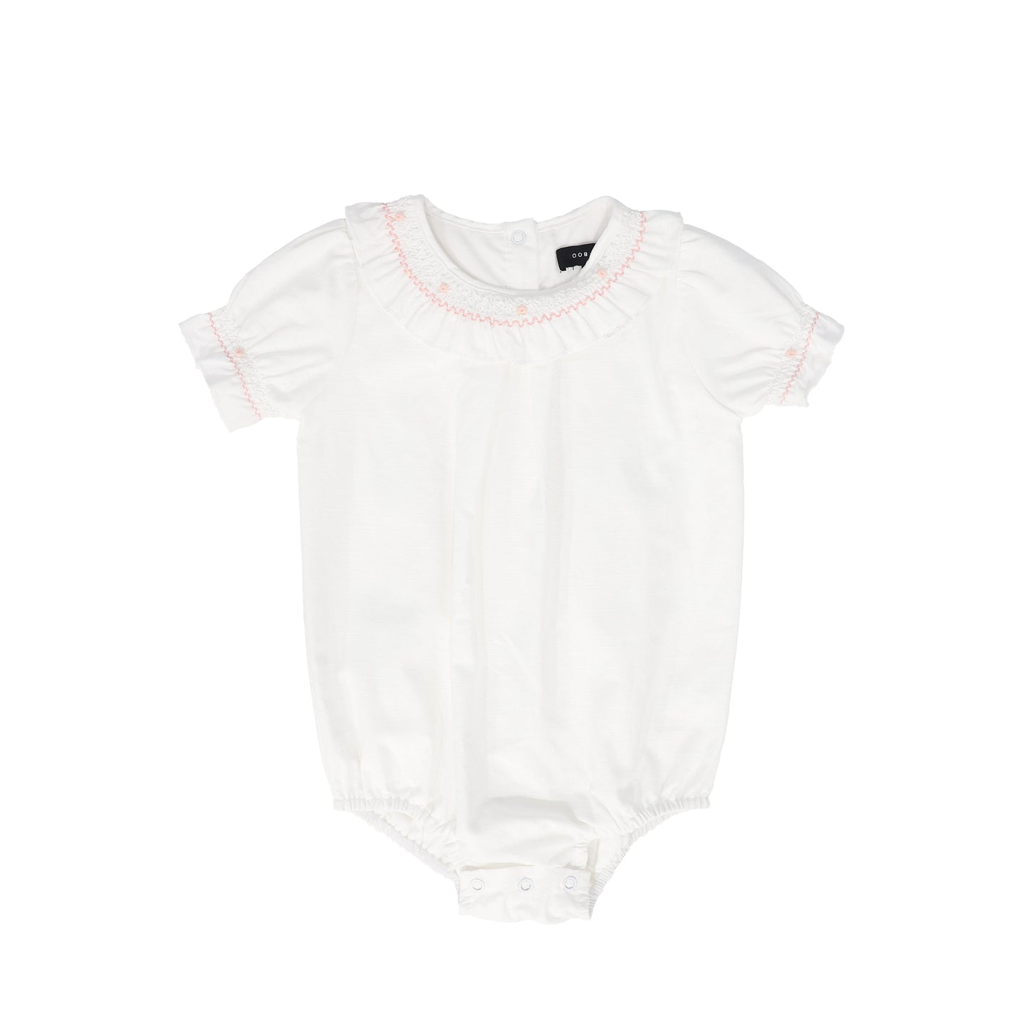 BAMBOO WHITE SMOCKED RUFFLE TRIM ROMPER