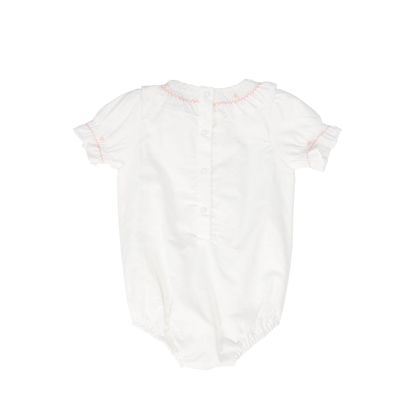 BAMBOO WHITE SMOCKED RUFFLE TRIM ROMPER