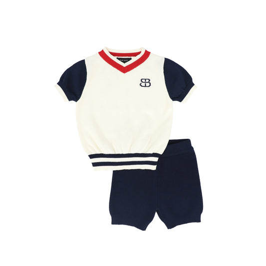 BAMBOO NAVY/WHITE COLORBLOCK EMBLEM SWEATER SET