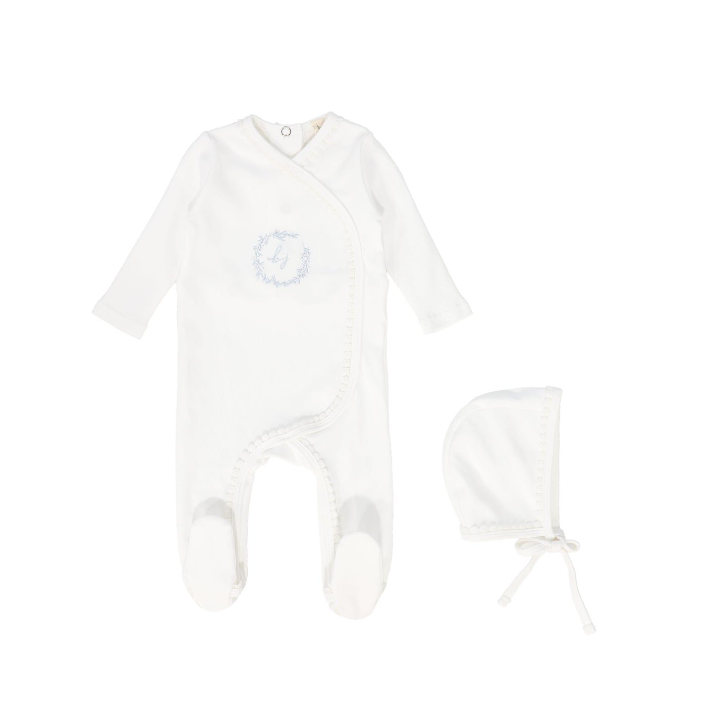 BEBE JOLEE WHITE/BLUE EMBROIDERED WRAP TRIMMED FOOTIE