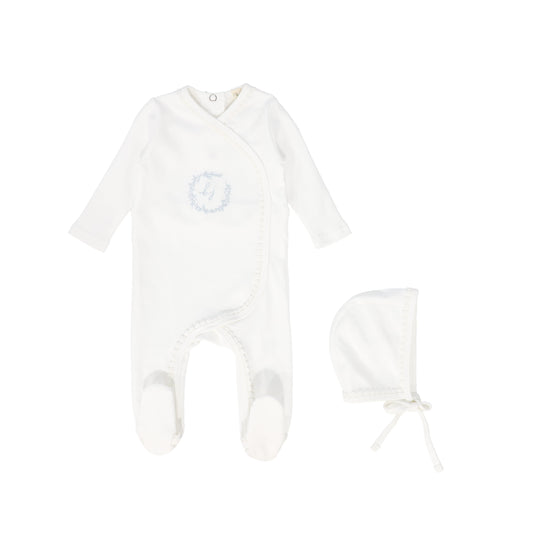 BEBE JOLEE WHITE/BLUE EMBROIDERED WRAP TRIMMED FOOTIE
