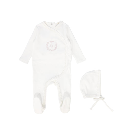 BEBE JOLEE WHITE/PINK EMBROIDERED WRAP TRIMMED FOOTIE